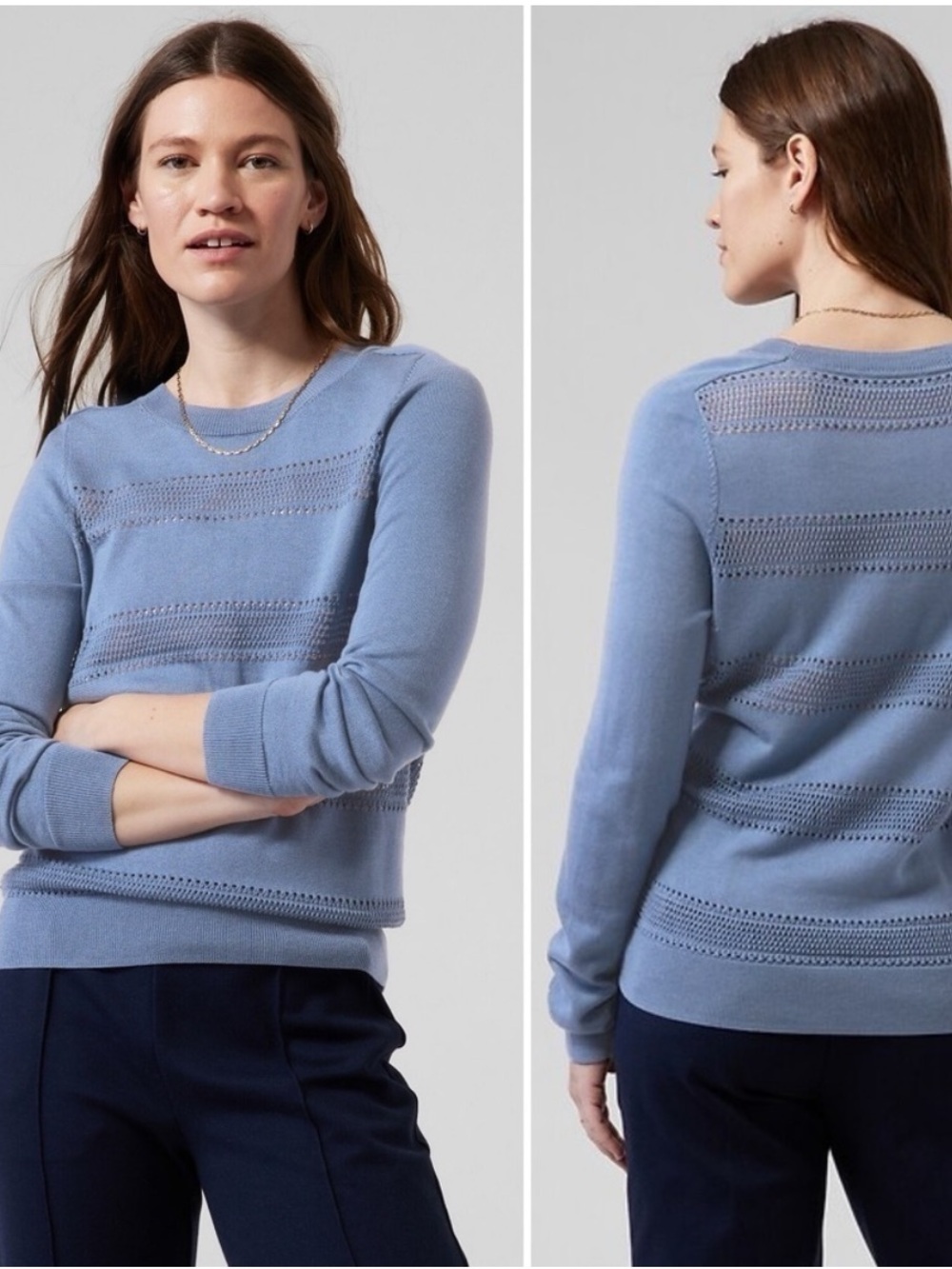 Athleta Dusty Blue Crewneck Openwork Stripe Sweater Size Large